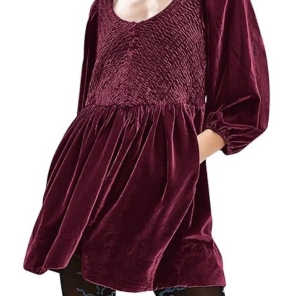 Free People Feel The Love Velvet Mini Dress S Red Smocked Boho Festival hoilday